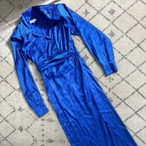 $528 RONNY KOBO Bernice Satin Midi Dress Royal Blue Long Sleeve Jacquard -Size S